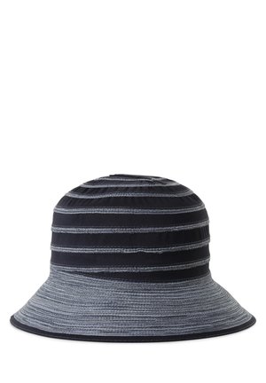 Black and gray striped bucket hat with textured horizontal bands and a wide, slightly flared brim.