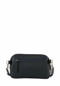 Borsa a tracolla in pelle nera con finitura testurizzata, dotata di una tasca frontale con zip e una tracolla regolabile per diverse opzioni di trasporto.