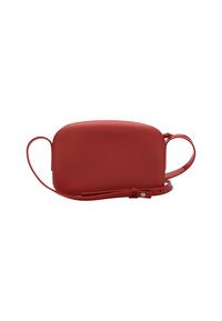 Borse a tracolla rossa texturizzata con forma arrotondata, dotata di due tracolle e una finitura liscia e opaca. Design semplice senza accessori visibili.