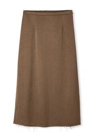 Jupe marron, longue jusqu'aux genoux, en tissu texturé avec un léger brillant. Présente une taille froncée et un ourlet brut avec des détails effilochés.