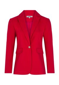 Blazer rosso realizzato in tessuto liscio, con chiusura a un pulsante, reverse a punta e due tasche frontali con dettagli a patta.