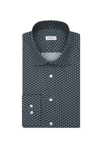 Camicia button-down di colore blu scuro con un motivo circolare in blu chiaro e bianco. Presenta un colletto classico e bottoni bianchi.