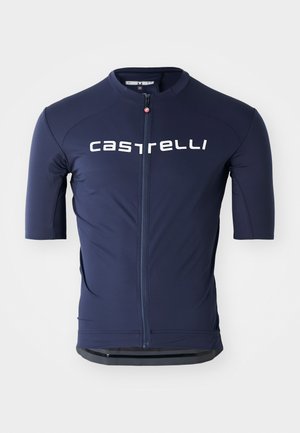 Navyblaues kurzärmliges Fahrradjersey mit einem Reißverschluss vorne und weißem "castelli"-Logo. Hergestellt aus glattem, elastischem Stoff für besonderen Komfort.