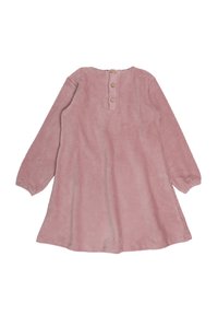 Rosa Corduroykleid mit langen Ärmeln, gestreifter Textur und einer Knopfleiste auf der Rückseite mit drei Holzknöpfen.