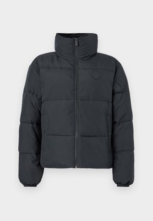 Μπουφάν με φερμουάρ σε μαύρο χρώμα με ψηλό γιακά, που διαθέτει οριζόντιες ραμμένες ενότητες και στρογγυλή ετικέτα λογότυπου στο στήθος.