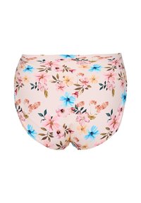 Blommiga baddräktsbyxor med en pastellrosa bas och flerfärgade blommor i rosa, blått och grönt, tillverkade av elastisk tyg.