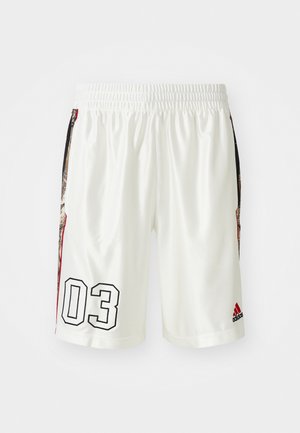 Balti sportiniai šortai su elastingu juosmeniu. Yra didelis juodas "03" spaudinis ir šoninės panelės su raštuotu dizainu. Yra Adidas logotipas.
