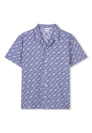 Paarse korte mouwen shirt met een geometrisch wit patroon. Gemaakt van lichte stof met een klassieke kraag en zeven knopen.