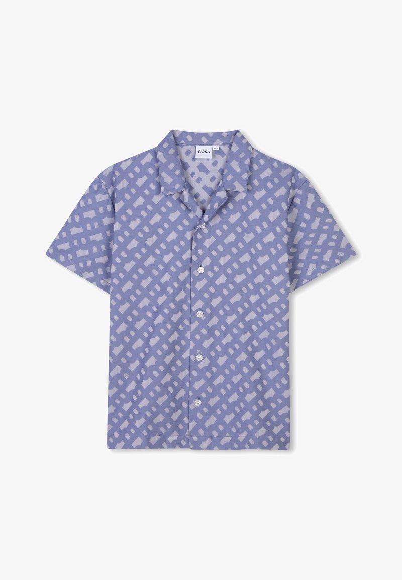 Paarse korte mouwen shirt met een geometrisch wit patroon. Gemaakt van lichte stof met een klassieke kraag en zeven knopen.