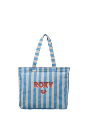 Torba na ramię w niebiesko-białe paski z dwoma uchwytami oraz czerwonym napisem i logo „ROXY” umieszczonym na środku z przodu.
