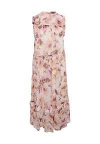 Rochie midi florală dintr-un material ușor. Prezintă un model roz și marron, mâneci cu volane și un design cu fuste în straturi.