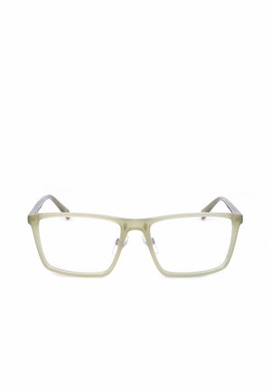 Occhiali rettangolari trasparenti con montature in plastica verde chiaro e naselli trasparenti, su sfondo bianco.