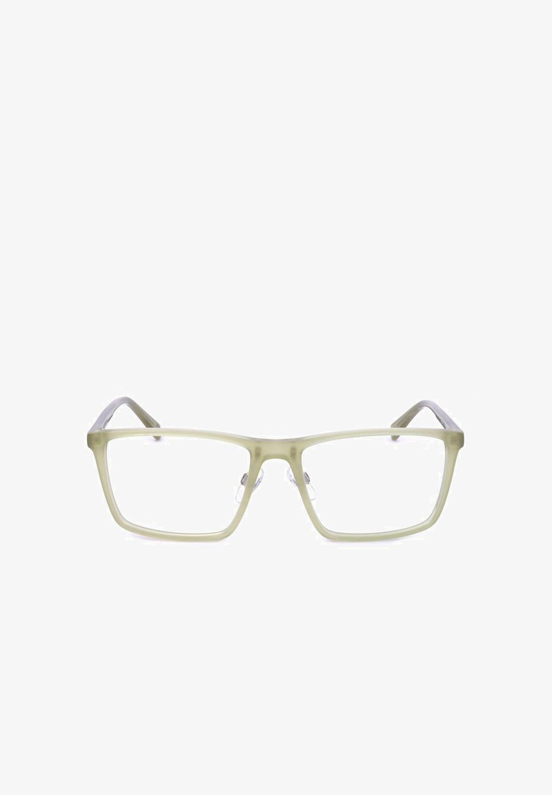 Occhiali rettangolari trasparenti con montature in plastica verde chiaro e naselli trasparenti, su sfondo bianco.