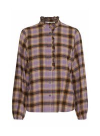 Chemise à carreaux dans des tons de violet, jaune et marron. Présente un col froncé, des manches longues et un tissu à texture douce.