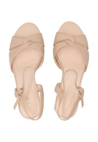 Beige High Heelsandalen mit Kreuzriemen-Design, aus glattem Leder gefertigt und mit einem verstellbaren Knöchelriemen mit metallic Schnalle.