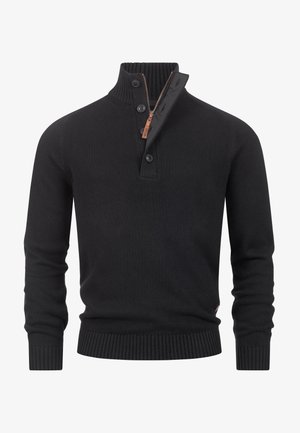 Schwarzer Strickpullover mit einem hohen gerippten Kragen, drei Knöpfen, Frontreißverschluss, texturierter Oberfläche und gerippten Bündchen und Saum.