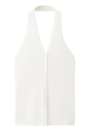 Haut en maille blanc côtelé sans manches avec boutons, col en V profond et dos style dos-nu.