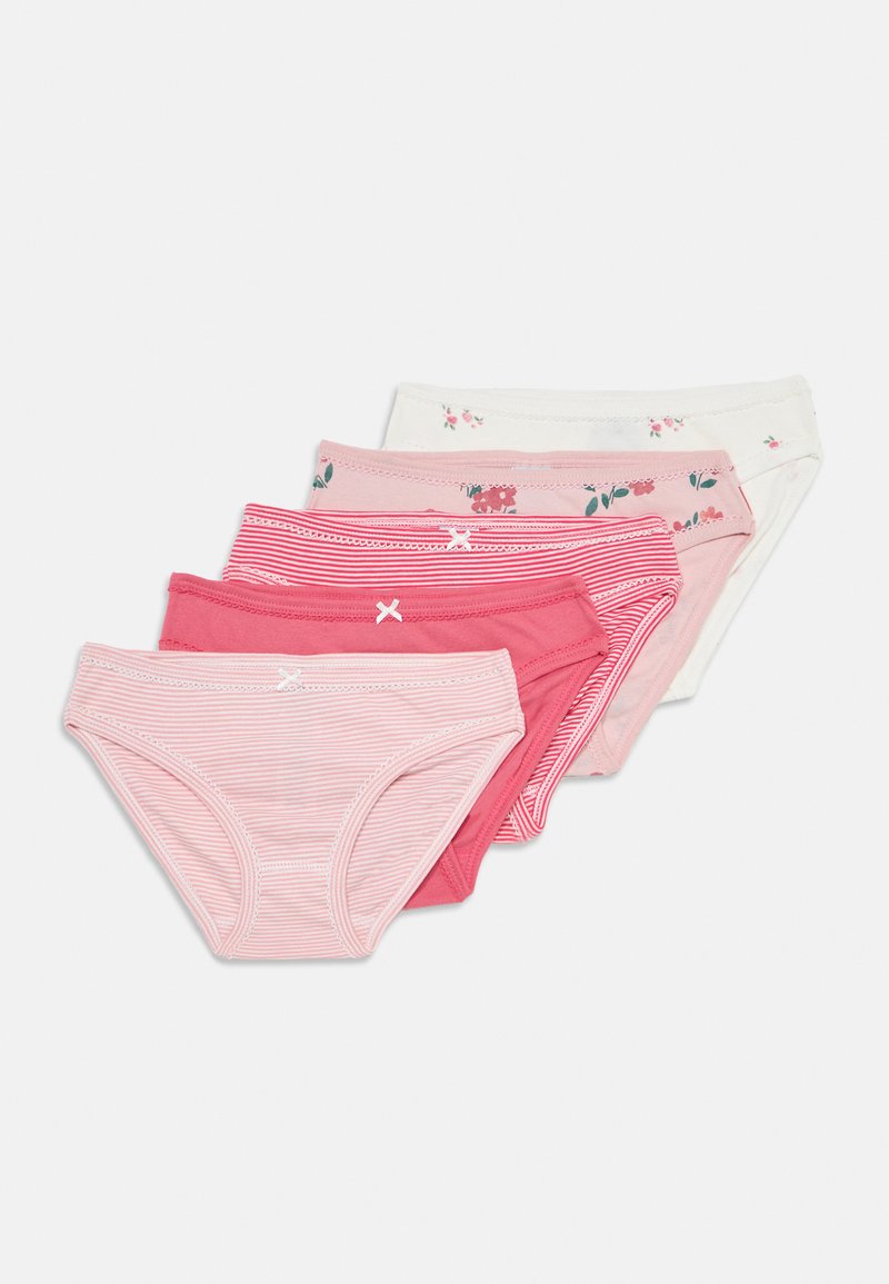 Pieci kokvilnas apakšbikses rozā un sarkanos toņos. Iezīmes ietver ziedu rakstus un svītras, kā arī mīkstas elastīgas jostas un neredzamus šuves.