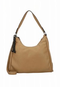 Sac hobo en cuir fauve avec une surface texturée, une bandoulière unique et un accent de pampille noire attaché à la fermeture éclair.