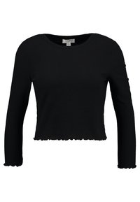 Top corto negro de manga larga hecho de tela acanalada con cuello redondo. Presenta un dobladillo ondulado y una silueta ajustada.
