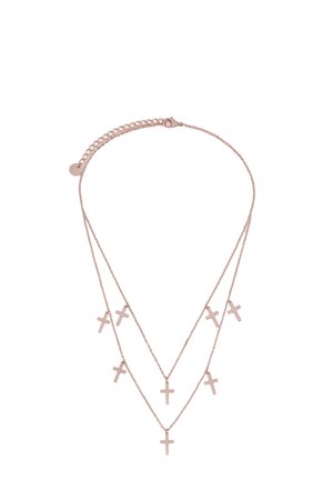 Rose gold multi-layer necklace featuring three chains, each adorned with small crosses, smooth surface, and a lobster clasp closure.