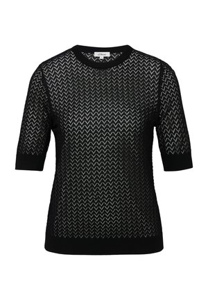 Czarny sweter z krótkim rękawem w zygzakowy wzór, wykonany z siateczkowego materiału dzianinowego. Posiada okrągły dekolt oraz ściągacze na dolnej krawędzi i rękawach.