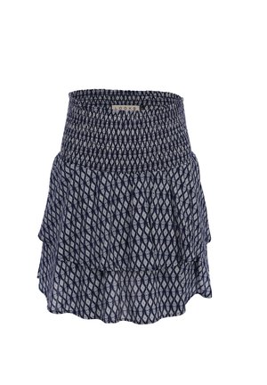 Marineblauwe en witte rok met lagen, elastische geplooide tailleband, uitlopende silhouet en geometrisch diamantenpatroon.