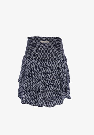 Marineblauwe en witte rok met lagen, elastische geplooide tailleband, uitlopende silhouet en geometrisch diamantenpatroon.