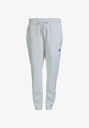 Weiße Jogginghose aus weichem Material, mit einem elastischen Bund und Kordelzug, sowie einem kleinen schwarzen Logo an der Seite.