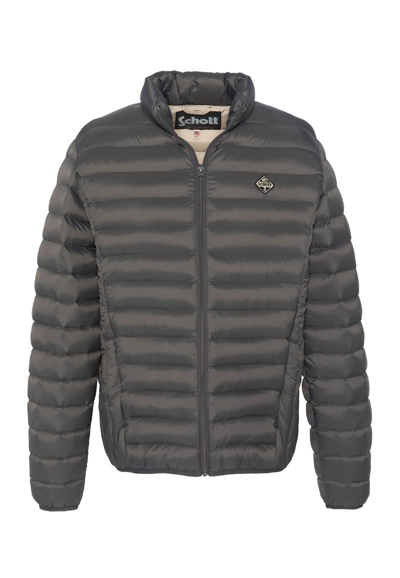 Grå dunjakke med horisontal quiltet tekstur, høj krave og lynlås foran. Har en diamantformet logo på venstre bryst. Letvægtsmateriale.