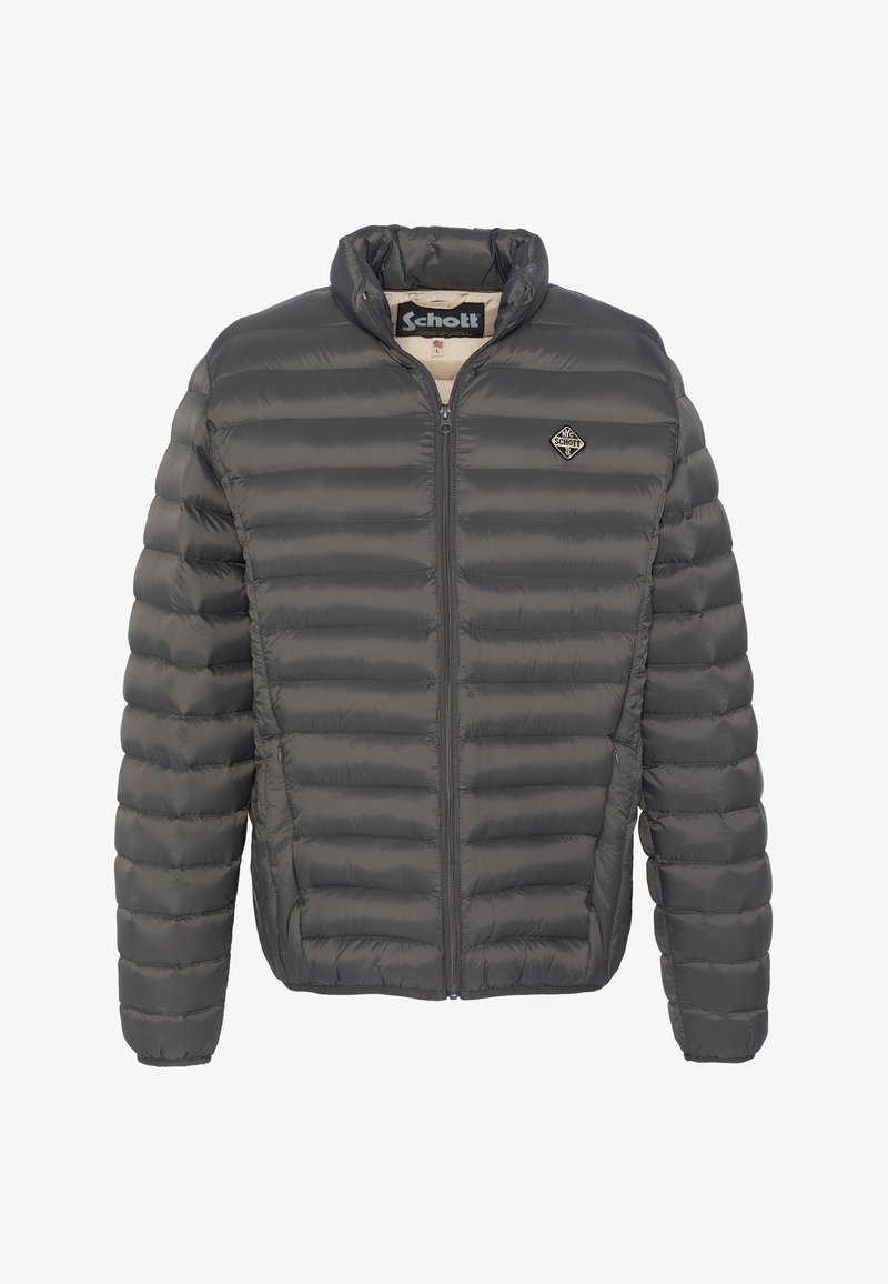 Grå dunjakke med horisontal quiltet tekstur, høj krave og lynlås foran. Har en diamantformet logo på venstre bryst. Letvægtsmateriale.