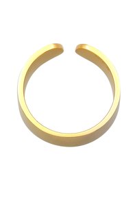 Guldtonad manschettarmband med en slät, glansig yta. Öppen design, cirkulär form och rundade kanter. Inga ytterligare dekorationer.