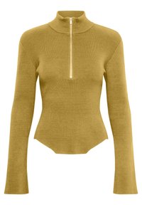 Musztardowożółty sweter z prążkowanego materiału, z długimi rękawami, wysokim kołnierzem, przednim zamkiem błyskawicznym do połowy oraz lekko zaokrąglonym dołem.