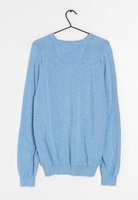 Light blue knit sweater with long sleeves, round neckline, ribbed cuffs and hem, featuring a plain texture without patterns or embellishments.