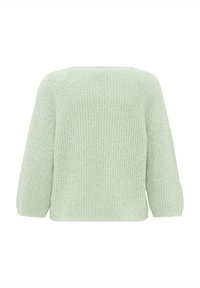 Mintgroene textuurtrui met een losse pasvorm, brede raglanmouwen en een ribbelpatroon op de achterkant. Geen zichtbare sluitingen.