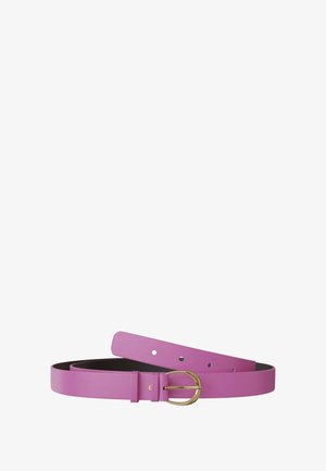Pink faux leather belt with a smooth texture, featuring a gold-tone oval buckle and multiple adjustment holes for sizing.