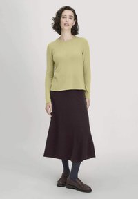 Eine Frau steht in einem hellgrünen Langarmoberteil, einem dunklen Midikleid, marineblauen Strumpfhosen und braunen Loafers vor einem schlichten hellen Hintergrund.