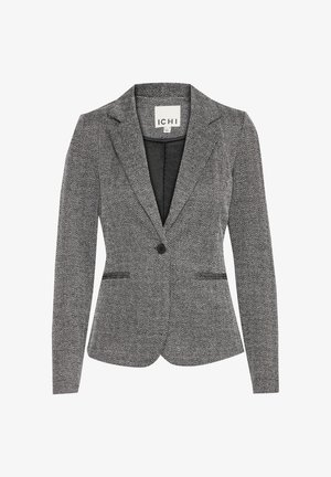 Grau karierter Blazer mit einem Knopfverschluss, Reverskragen und zwei Fronttaschen. Der Stoff hat ein strukturiertes, gewebtes Aussehen.