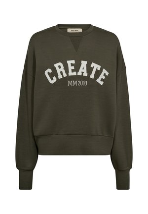 Sudadera verde oliva con cuello redondo, hombros caídos y texto blanco "CREATE". Puños y dobladillo acanalados, ajuste casual, textura suave.