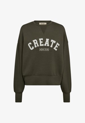 Sudadera verde oliva con cuello redondo, hombros caídos y texto blanco "CREATE". Puños y dobladillo acanalados, ajuste casual, textura suave.
