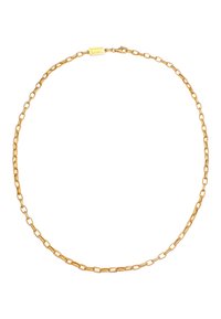 Collana in oro con maglie allungate e interconnesse. Include un piccolo etichetta con "Kuzoni" inciso. Texture liscia e finitura lucida.