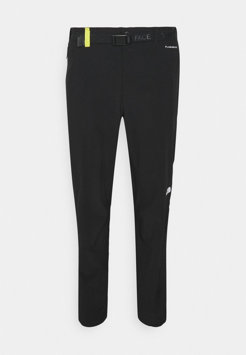 Pantalon d'extérieur noir coupe slim avec ceinture réglable intégrée, logos de la marque visibles sur la ceinture et la cuisse, conçu pour une utilisation active.