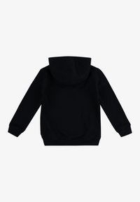 Black hooded sweatshirt with a smooth texture, long sleeves, and ribbed cuffs. Features a single back seam and no visible hardware.