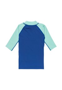 Rash guard, långärmad, blå kropp med ljusblå raglanärmar, gjord av simklädsmaterial, slät textur, flata sömmar.