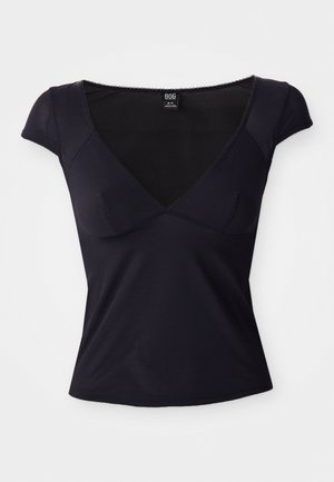 Navy blue short-sleeve top with a V-neck, made from a smooth fabric. Features subtle seam detailing and a fitted silhouette.