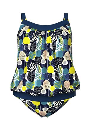 Costume da bagno due pezzi con motivo floreale, top blu navy con spalline regolabili e slip abbinati con disegni di foglie gialle, nere e bianche.