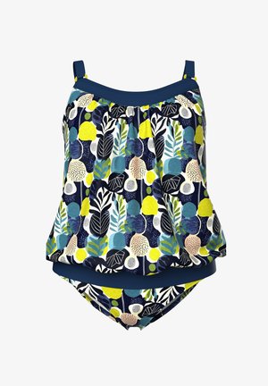 Costume da bagno due pezzi con motivo floreale, top blu navy con spalline regolabili e slip abbinati con disegni di foglie gialle, nere e bianche.