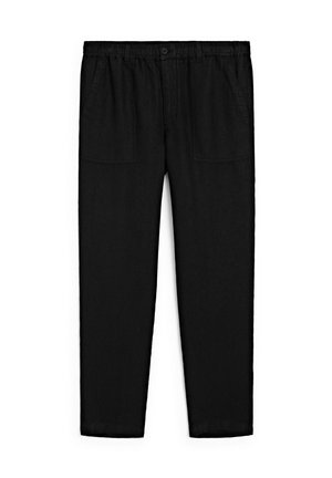 Pantaloni neri, larghi, realizzati in tessuto morbido, con vita elasticizzata, due tasche frontali e gamba dritta.
