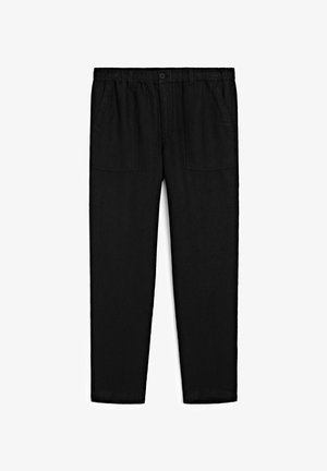 Pantalons noirs amples en tissu doux, dotés d'une taille élastique, de deux poches avant et d'une coupe droite.