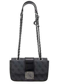 Sorte læderhåndtaske med kædestrop, der har en tekstureret overflade, en glansfuld sektion og metalliske detaljer med logo.